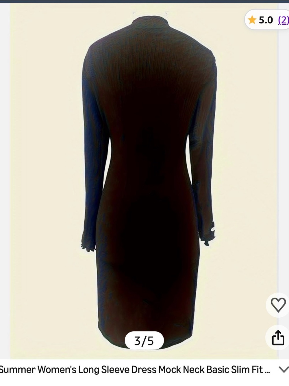 Black Ribbed Mock-Neck Bodycon Dress with Pearl-Sleeve Detail - Picture 3 of 4